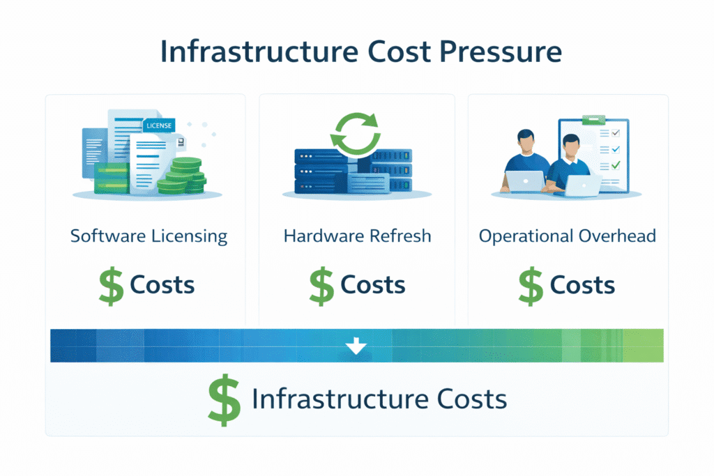 Professional infographic showing infrastructure cost pressure from software licensing, hardware refresh, and operational overhead, modern B2B tech design, clean labels, minimal visual clutter