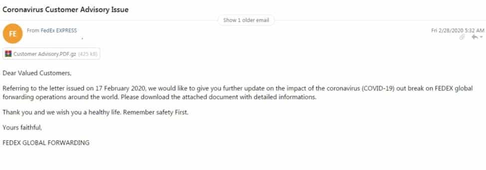 Figure 8. Spearphishing email leveraging FedEx trademark