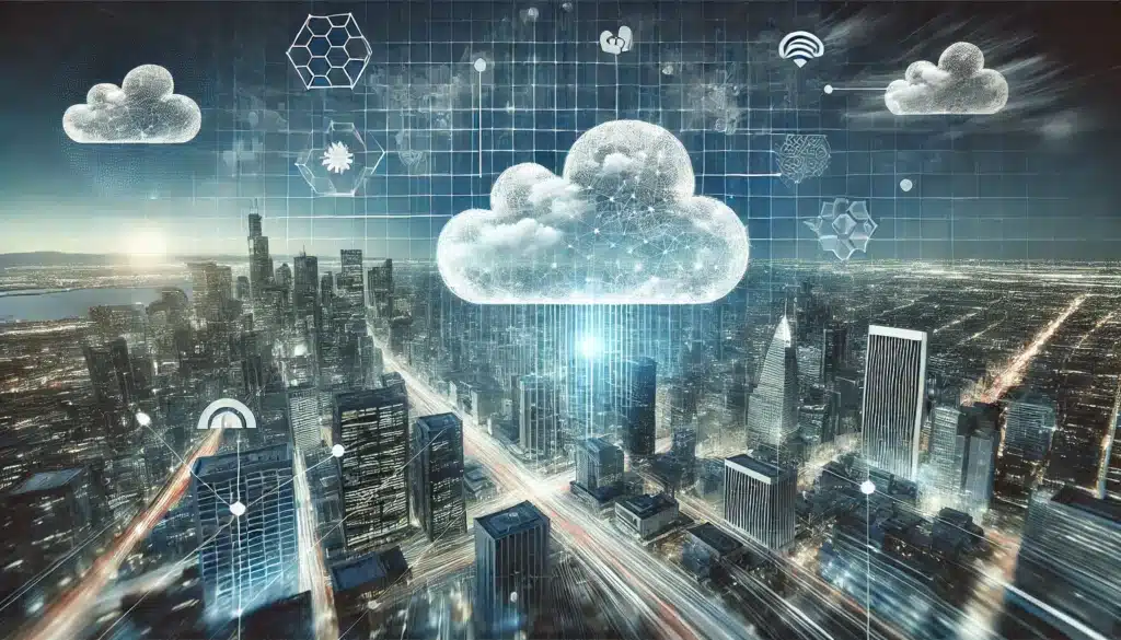 City in background with a cloud above and technology and compute woven throughout.