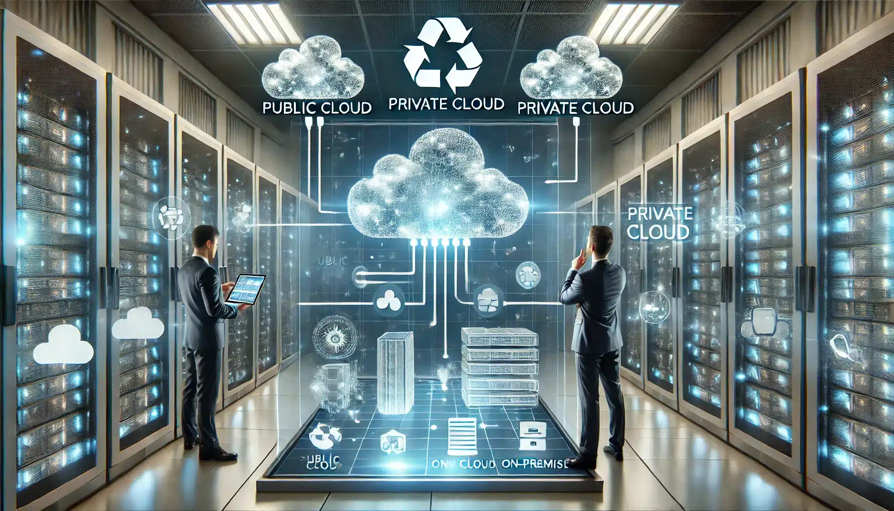 A realistic, photo-style image of a hybrid cloud setup showing data movement between public cloud, private cloud, and on-premise data centers. The set