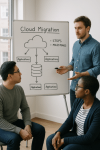 Three male IT workers sitting around a whiteboard planning a cloud migration