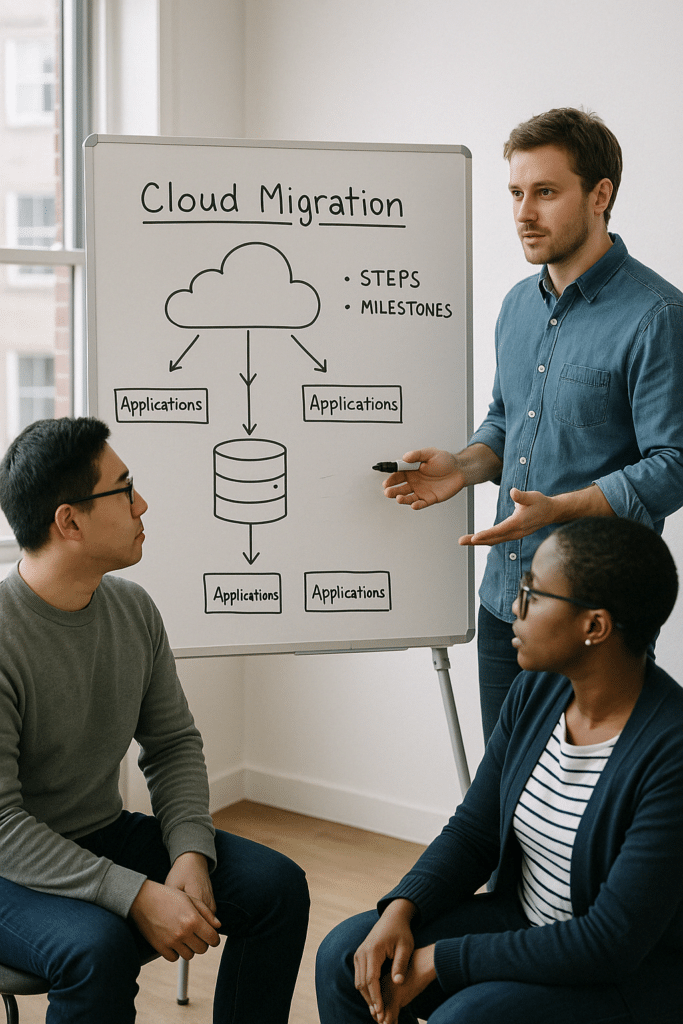 Three male IT workers sitting around a whiteboard planning a cloud migration