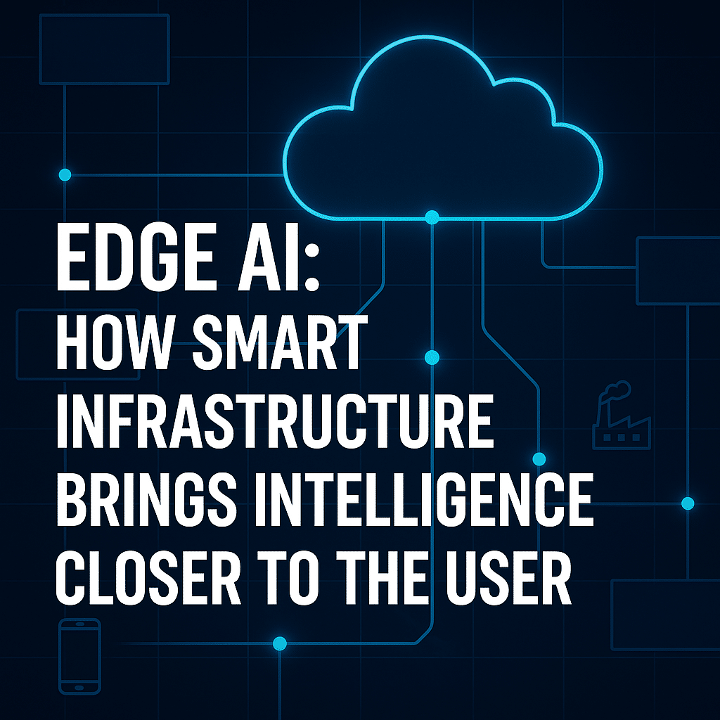 Futuristic illustration showing Edge AI cloud infrastructure connecting smart devices, vehicles, and data centers — symbolizing how intelligent infrastructure brings computing closer to users.