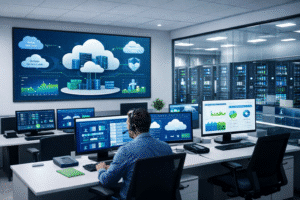 A modern enterprise data center and hybrid cloud control room with subtle virtualization, private cloud, and infrastructure strategy themes, professional corporate style, clean blue and green palette, white background, premium B2B technology marketing aesthetic.