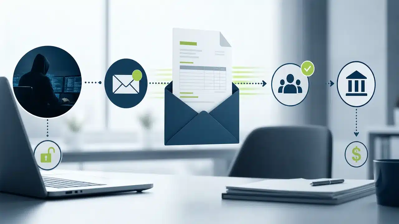 Illustration of a business email compromise attack flowing from a compromised mailbox to a finance team