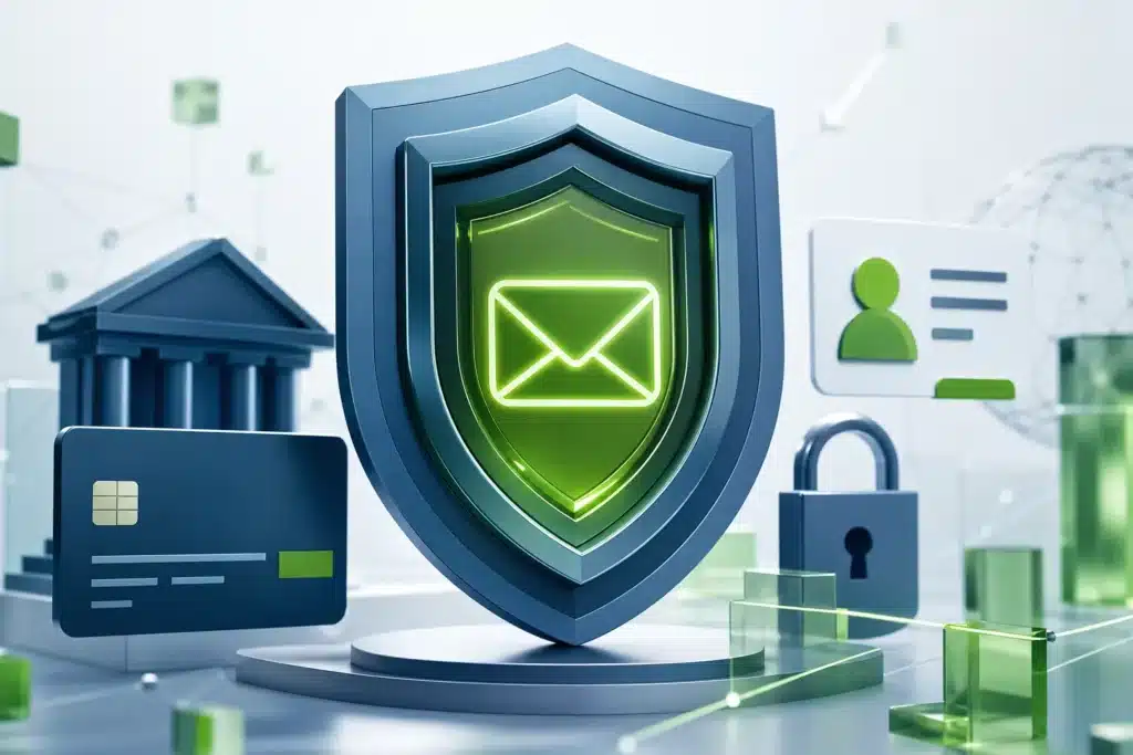Layered shield protecting an email envelope, representing business email compromise defense for mid-market companies
