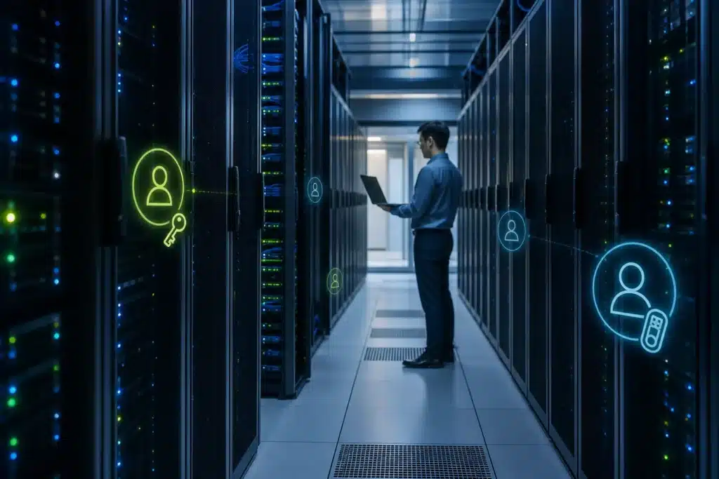Server racks with floating identity and credential icons representing non-human AI agent identities
