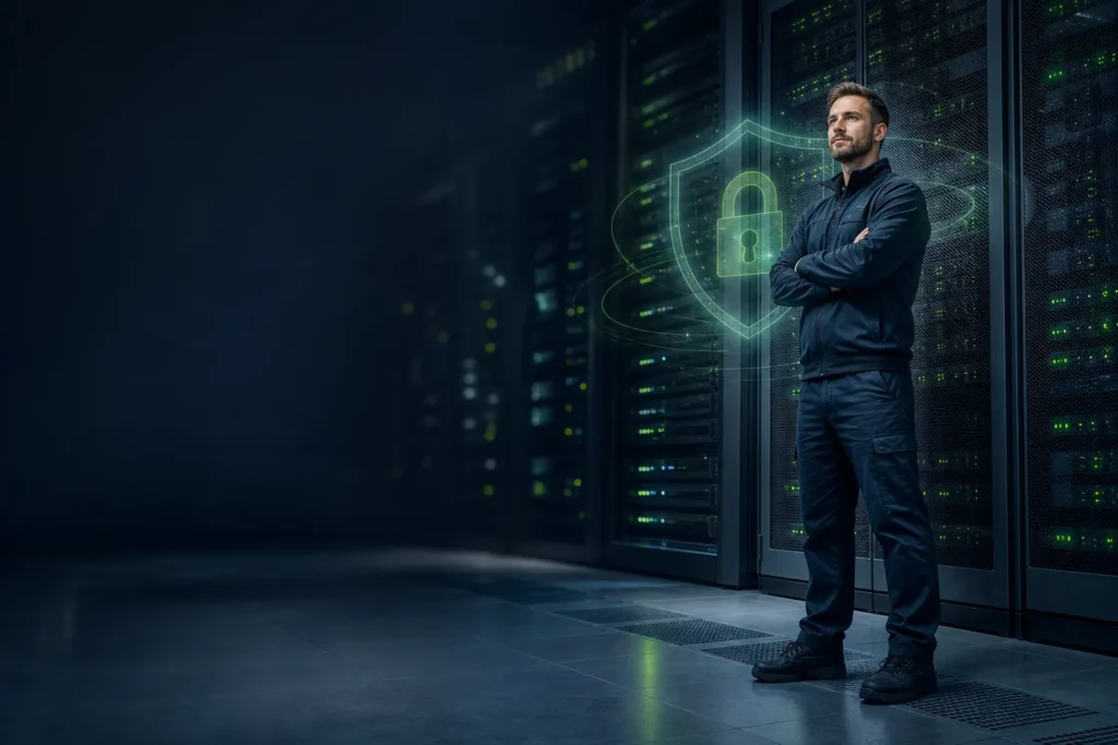 IT engineer beside immutable backup storage servers with a holographic security shield in a data center
