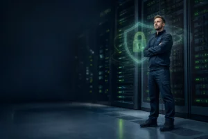 IT engineer beside immutable backup storage servers with a holographic security shield in a data center