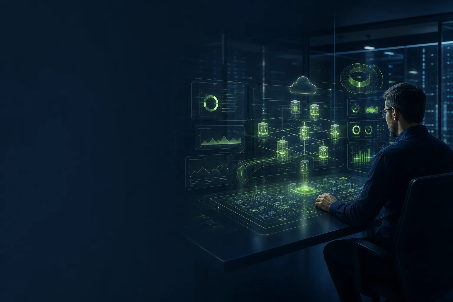 IT engineer at a dark control desk planning infrastructure amid glowing lime-accented holographic dashboards and gauges