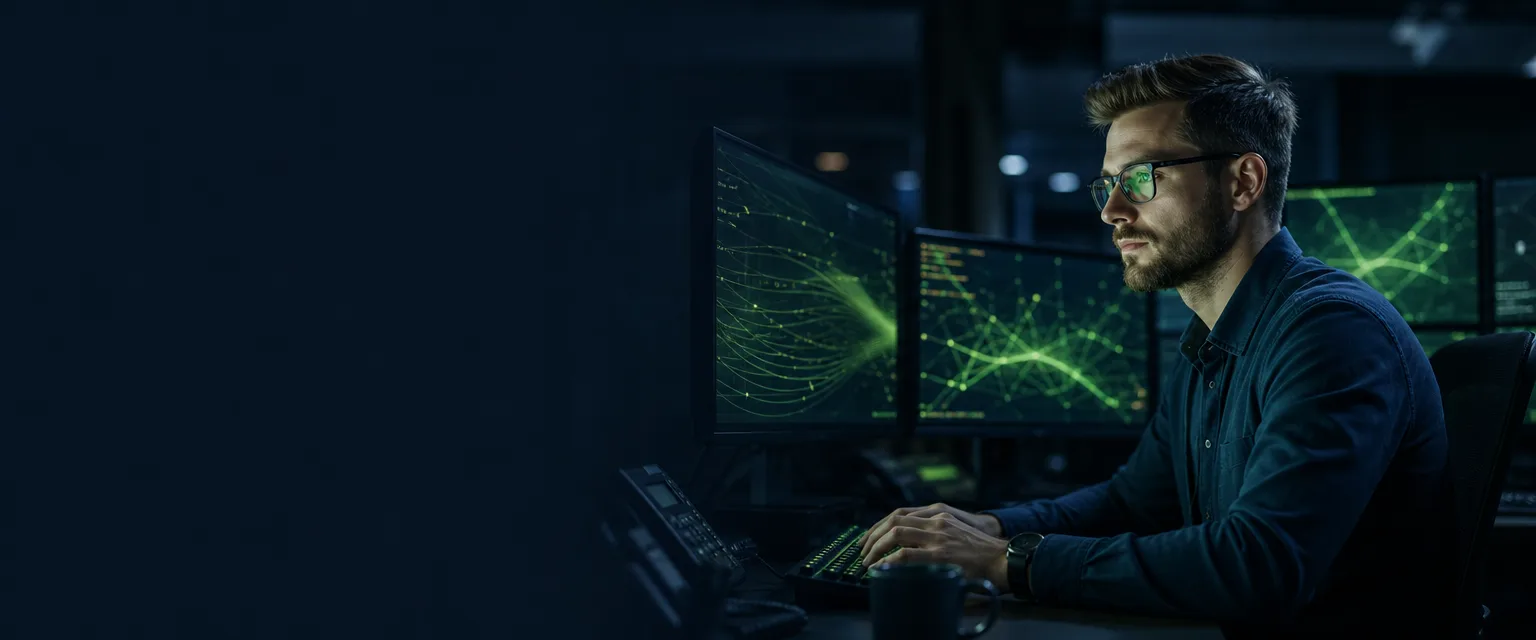 IT support engineer diagnosing technical issues at a multi-monitor operations workstation