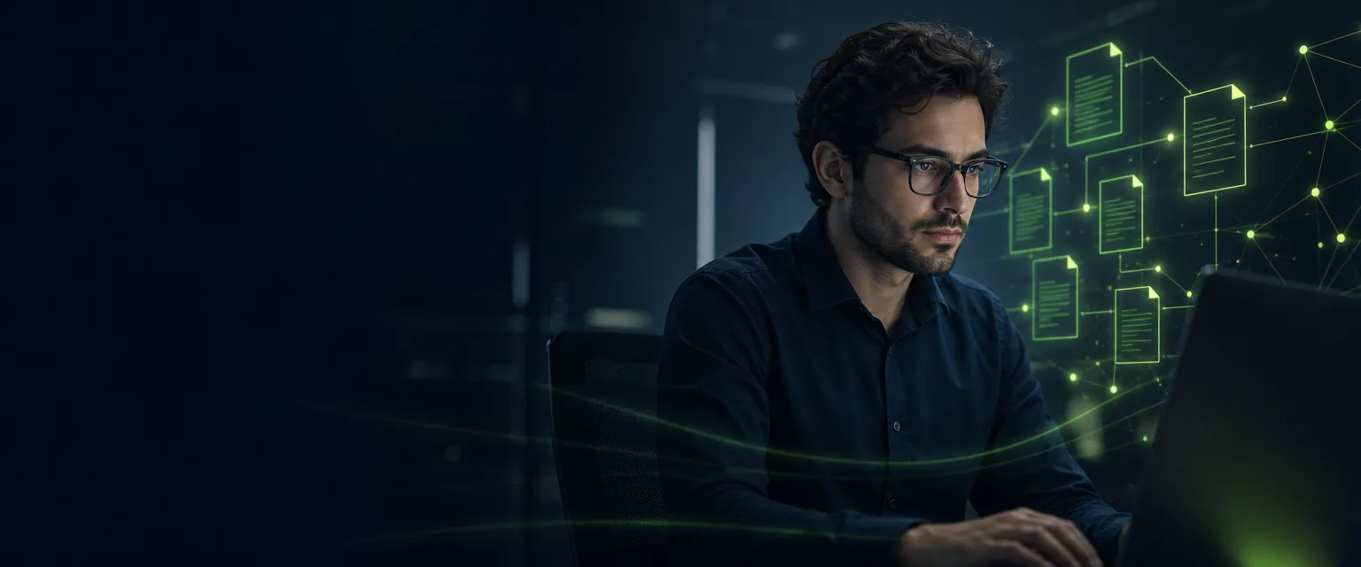 IT professional navigating an organized network of enterprise vendor documentation