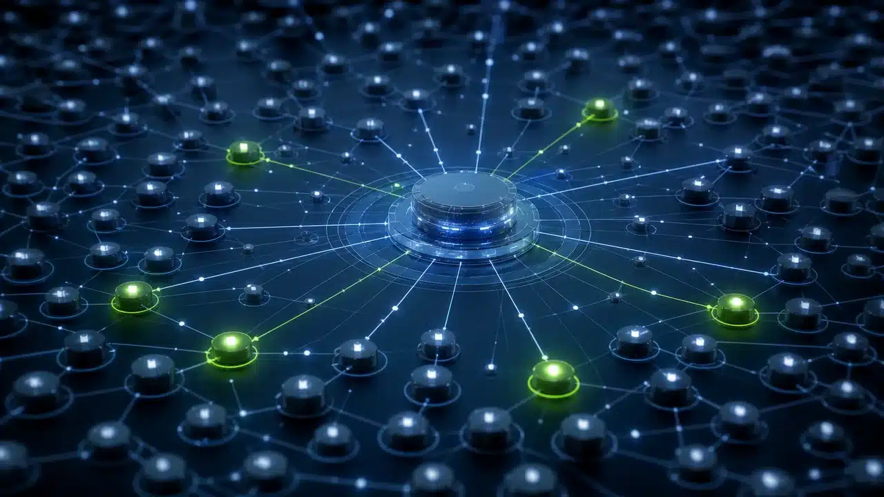 Network diagram showing many AI agent identities connecting to enterprise systems, most unmonitored