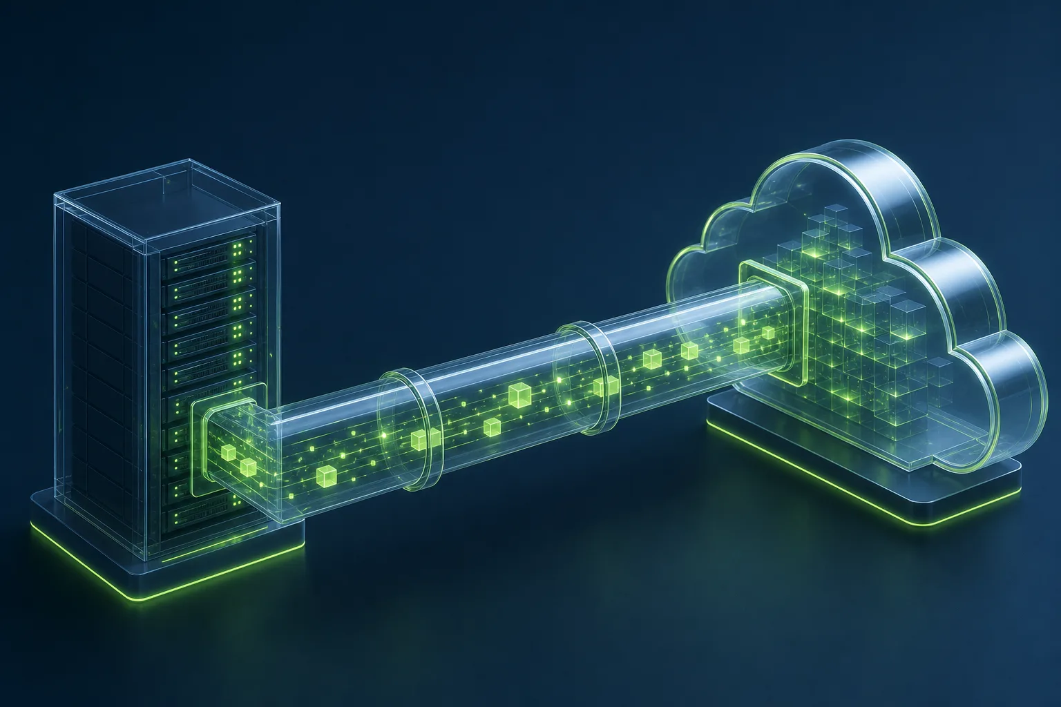Isometric illustration of data migrating through a secure pipeline to the cloud
