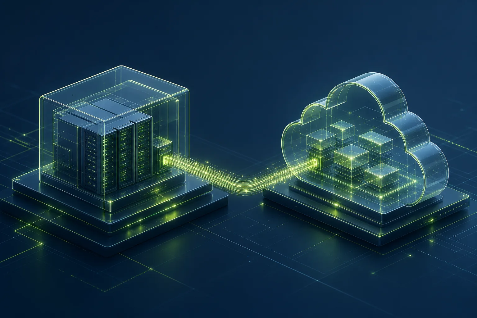 Isometric illustration of hybrid cloud linking on-premises and cloud infrastructure