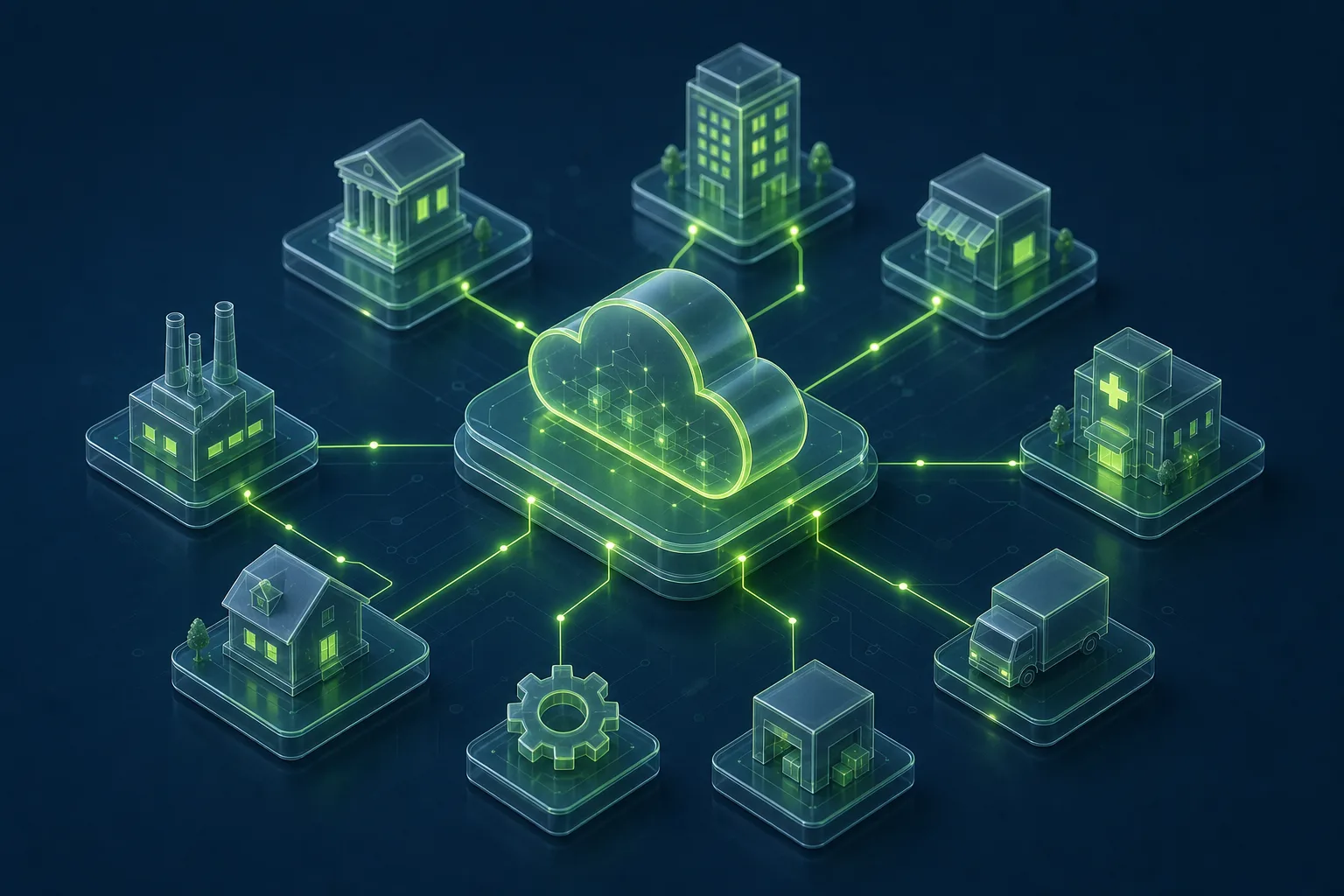 Isometric illustration of IT Vortex cloud infrastructure serving multiple industries