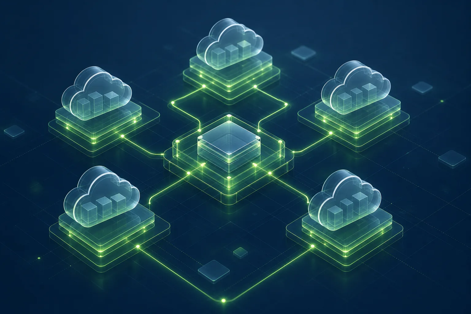 Isometric illustration of federated multi-cloud infrastructure without lock-in
