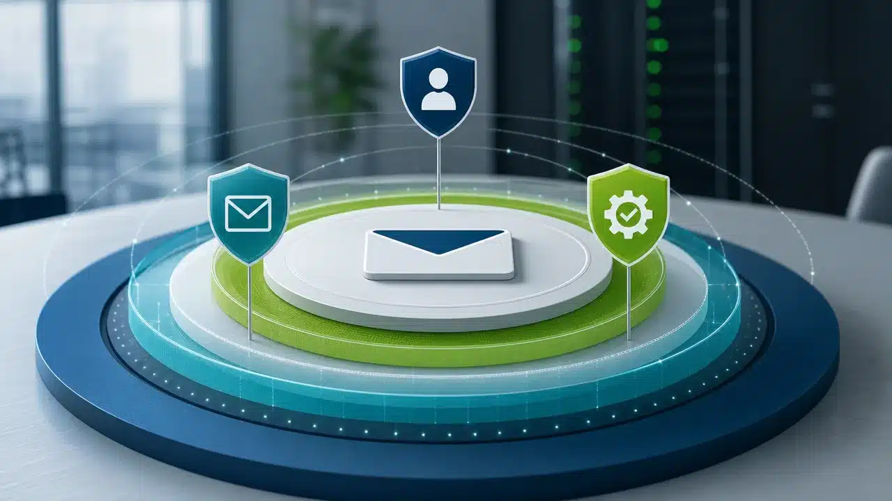 Concentric layers of email defense including identity hardening, email protection, and payment verification