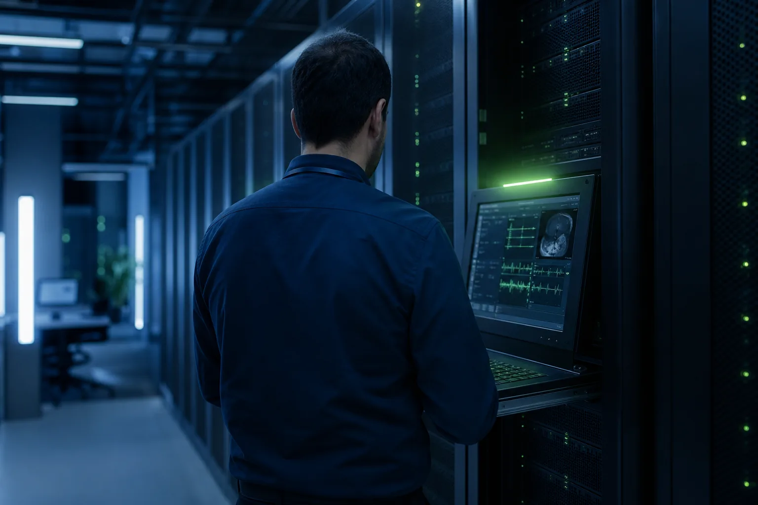Healthcare IT professional managing HIPAA-compliant systems in a secure server room