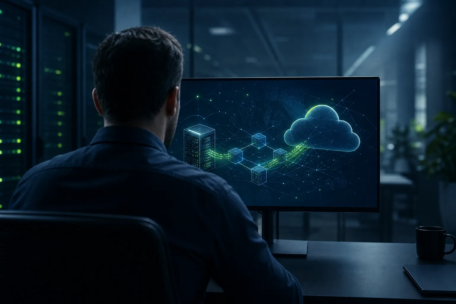 IT architect managing a hybrid cloud topology linking on-premises and cloud at IT Vortex