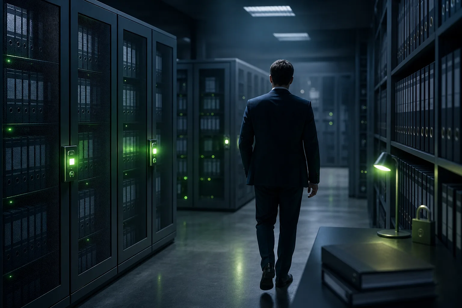IT professional in a secure legal records data room protecting client confidentiality