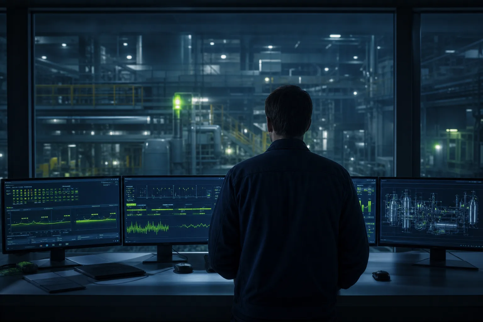 Plant operator monitoring OT and IT dashboards in a manufacturing control room