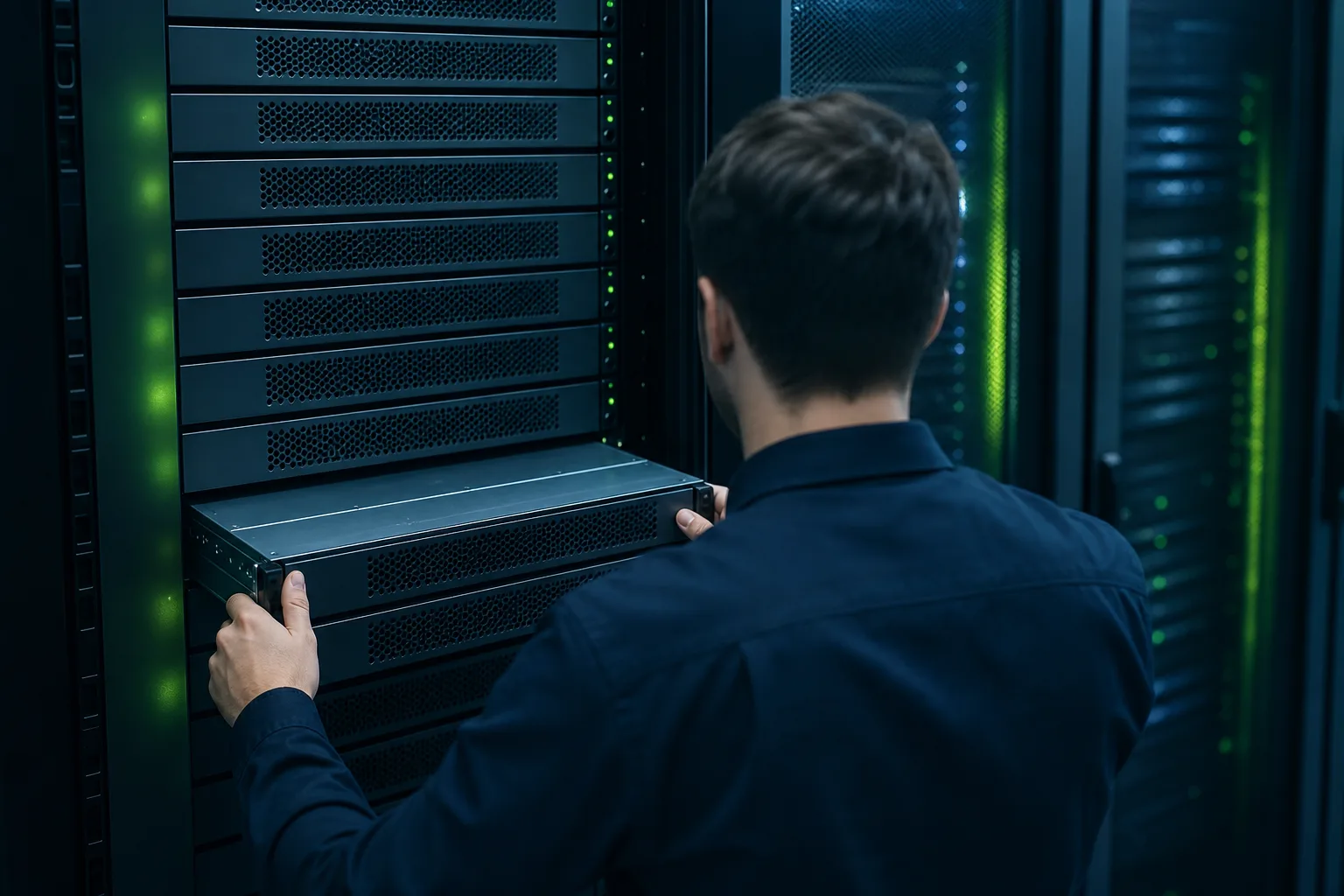 Technician installing a Nutanix hyperconverged node in an IT Vortex data center