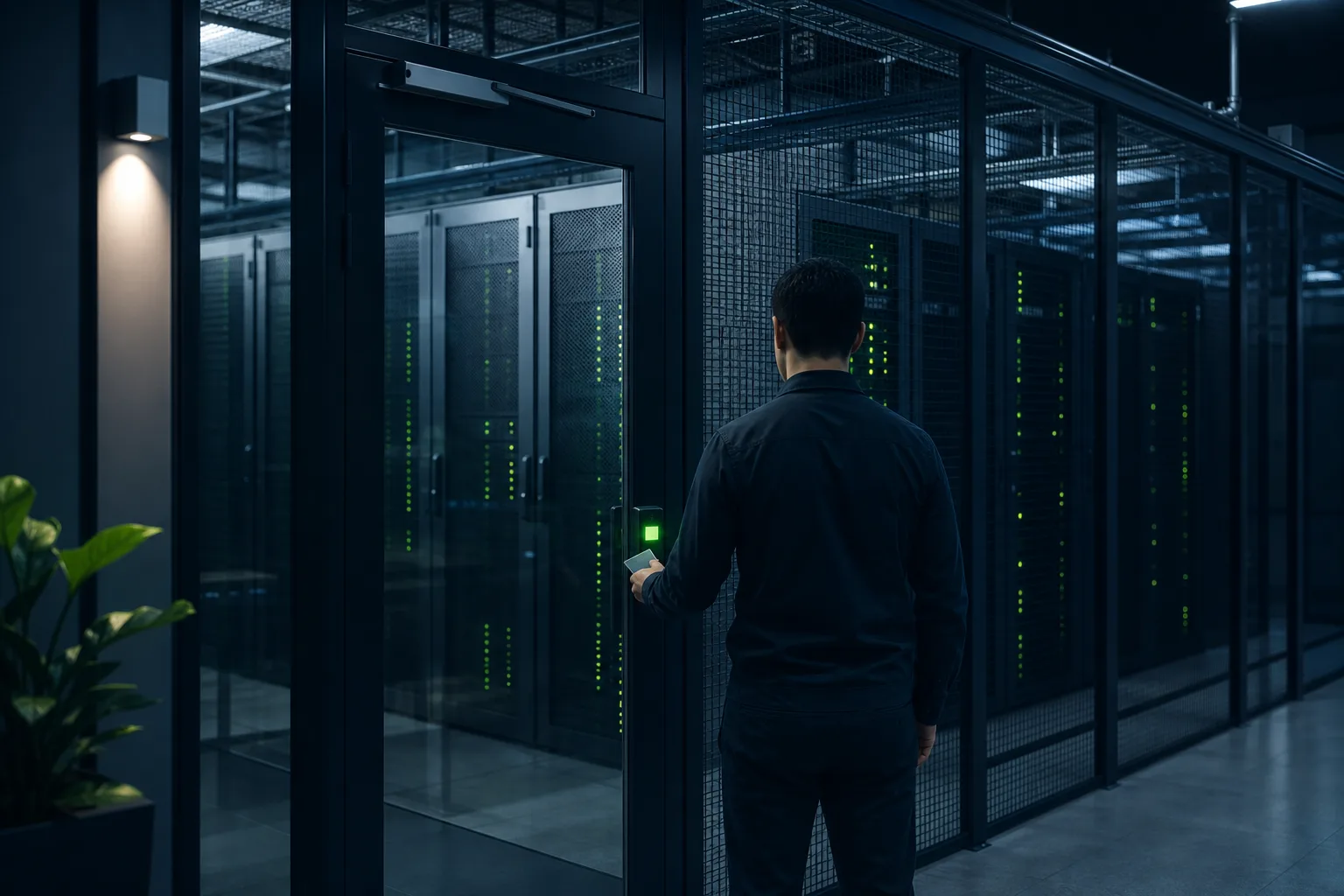 Technician entering a secure single-tenant private cloud server cage at IT Vortex