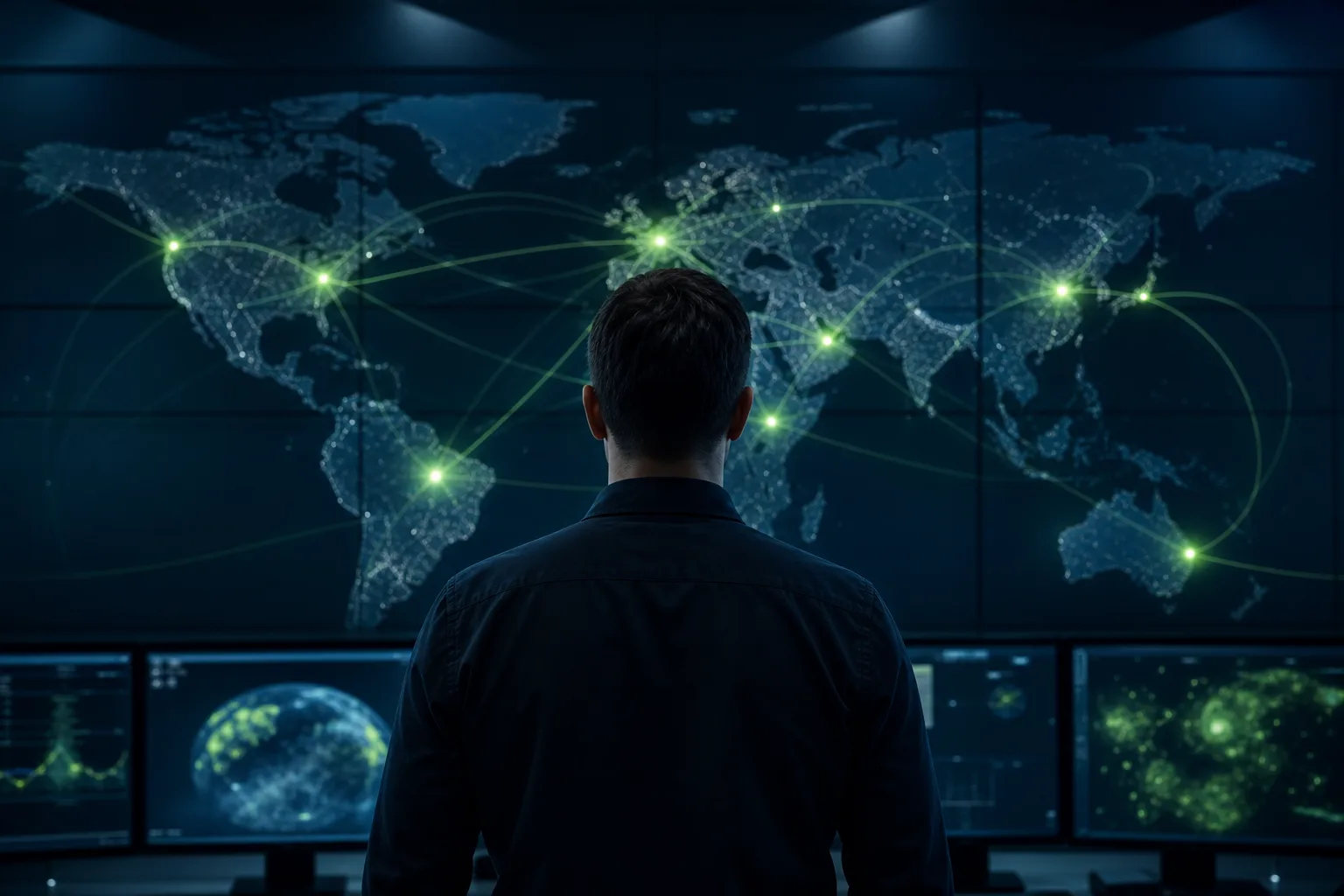 IT Vortex operations engineer managing multiple cloud regions on a monitoring wall