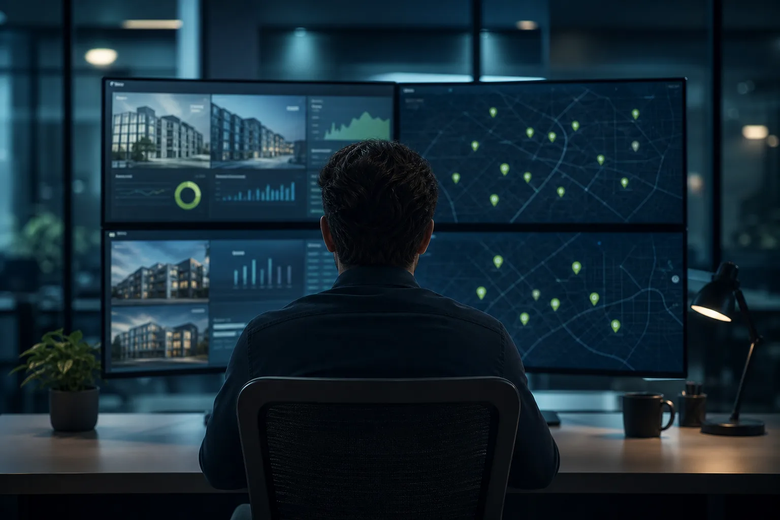 Property management professional viewing a multi-site operations dashboard