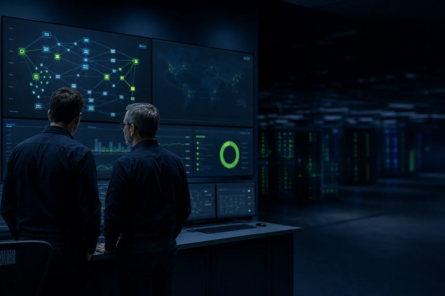 IT Vortex engineers at a control desk overseeing a live Layer 2 VPN cloud migration