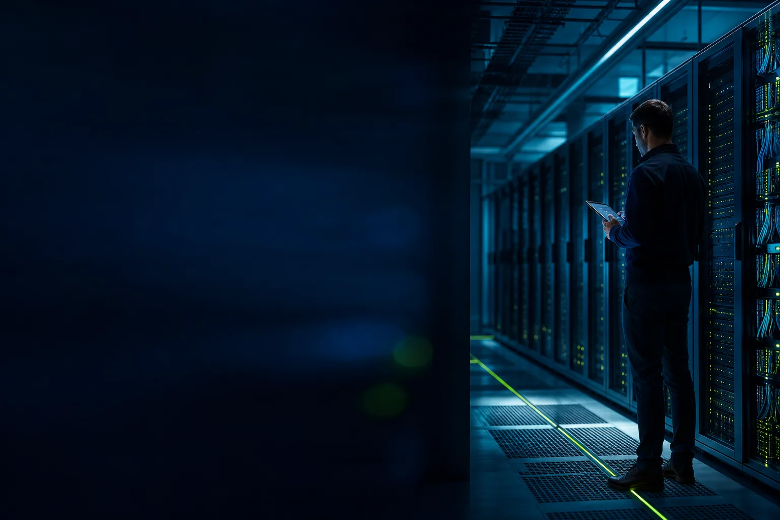 Pristine IT Vortex enterprise data center with an engineer inspecting infrastructure, conveying premier-partner reliability