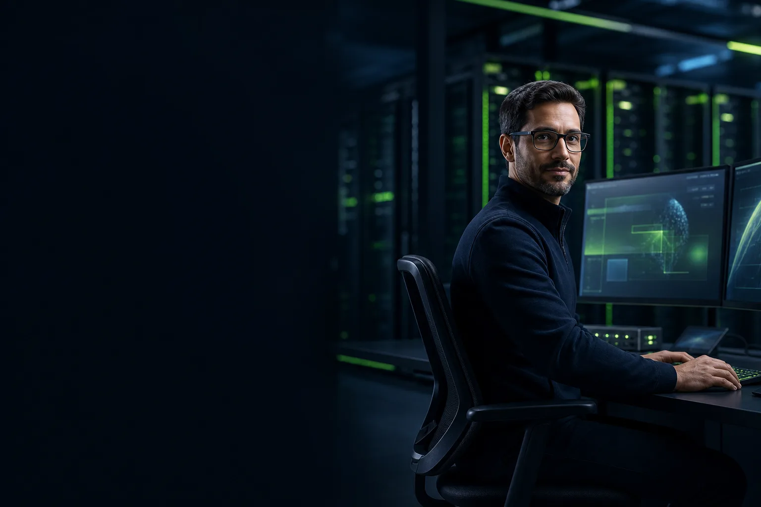 IT Vortex engineer managing virtual desktops at a workstation in a data center