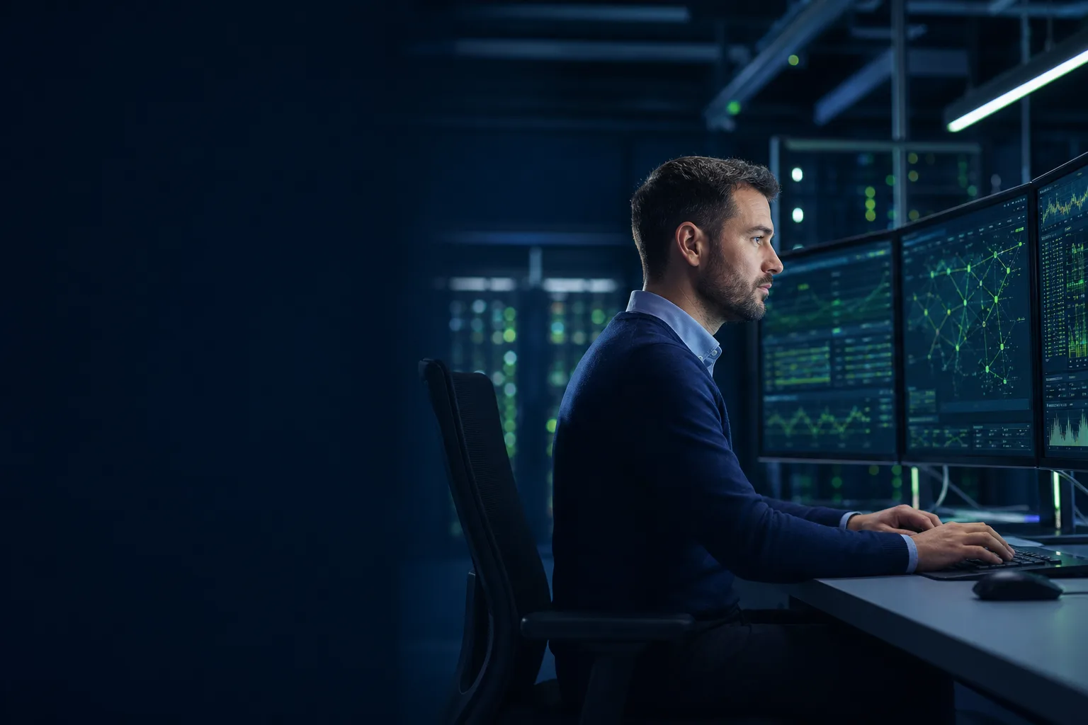 IT Vortex managed-services engineer monitoring systems in a network operations center