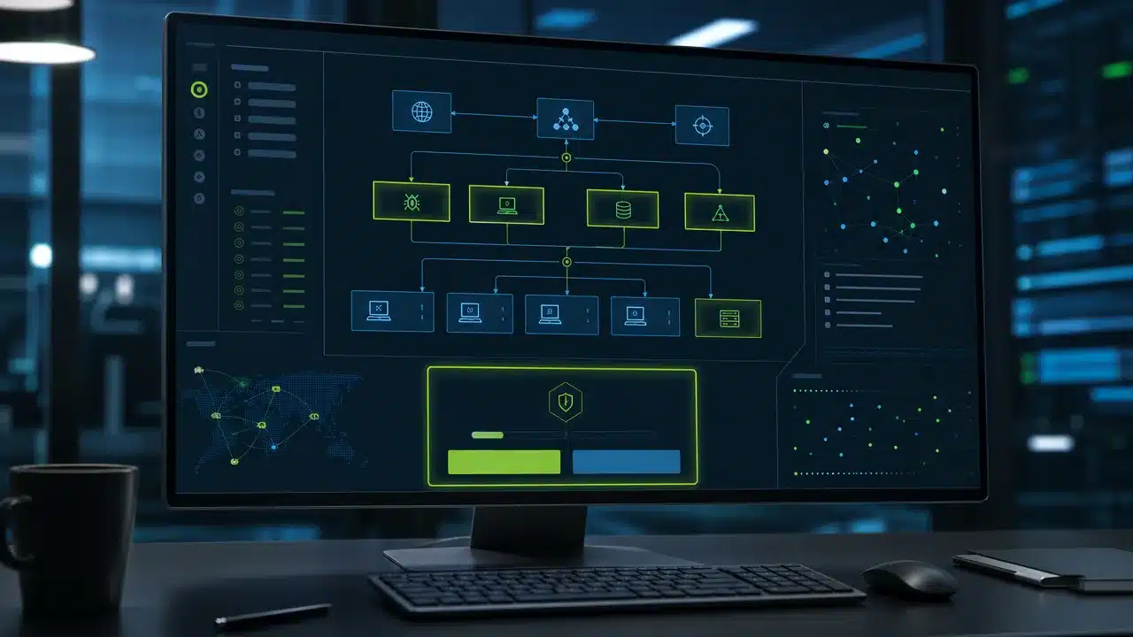 Stylized console showing an AI agent autonomously running reconnaissance and lateral movement with limited human oversight