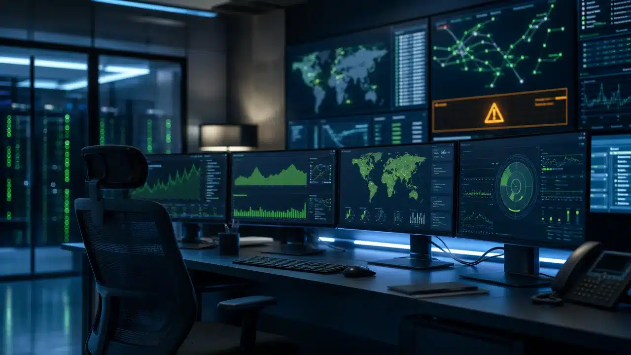 Network operations control room with one amber alert flashing among green dashboards