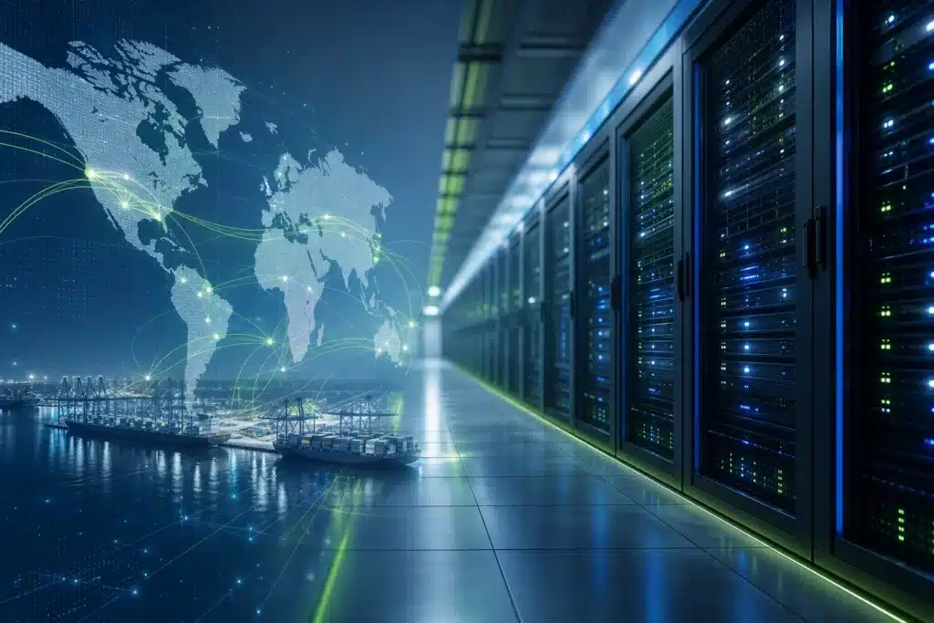 Enterprise data center corridor overlaid with a faint global supply-chain map representing AI chip export dynamics