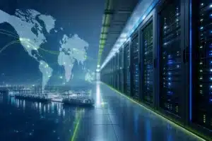 Enterprise data center corridor overlaid with a faint global supply-chain map representing AI chip export dynamics