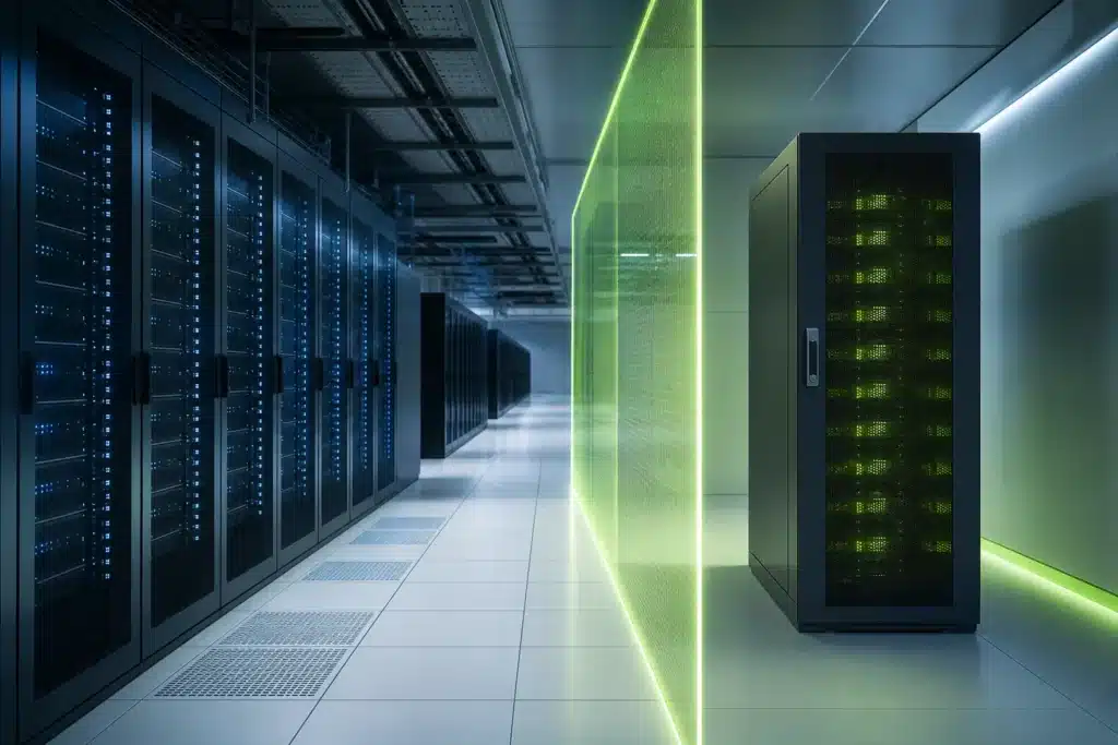 Isolated locked server cabinet separated from production rows representing immutable, air-gapped ransomware-resistant backup