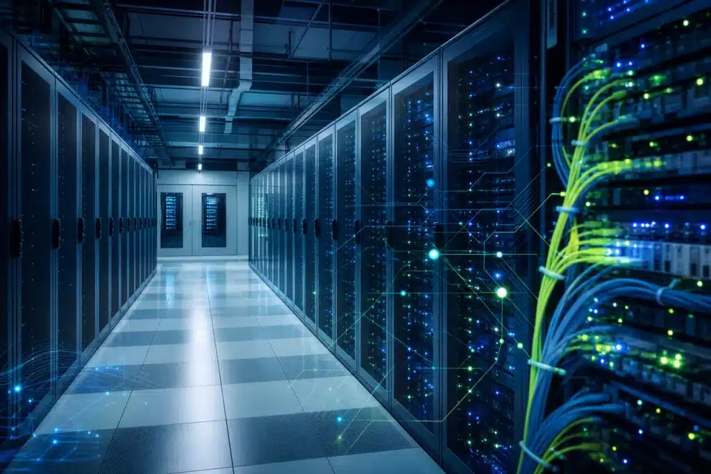 Enterprise data center aisle with fiber-connected server racks representing AI-era cloud infrastructure