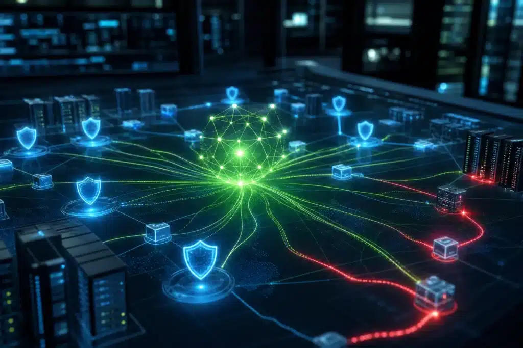 Abstract visualization of an autonomous AI agent spreading across a corporate network with defensive shields forming
