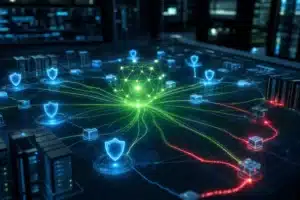 Abstract visualization of an autonomous AI agent spreading across a corporate network with defensive shields forming