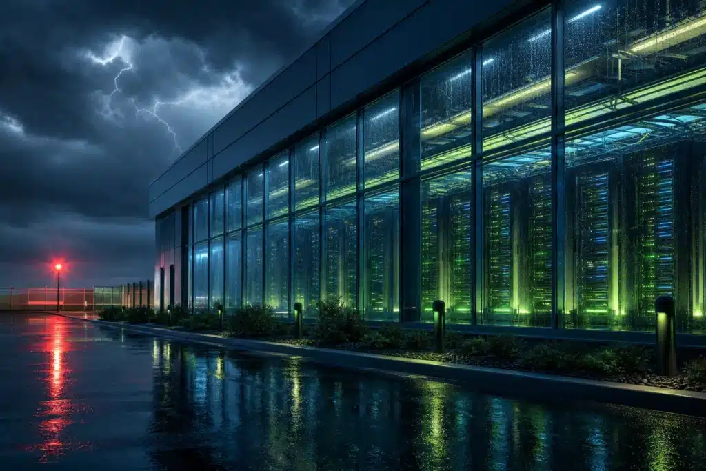 Enterprise data center glowing through storm-lashed glass, evoking systems under stress