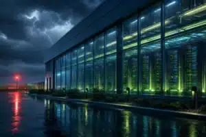 Enterprise data center glowing through storm-lashed glass, evoking systems under stress
