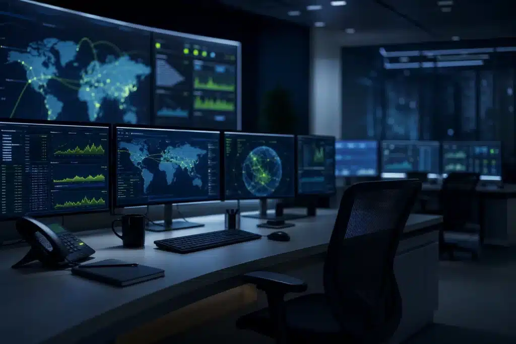 Empty operations center chair beside glowing alert dashboards, representing a ransomware containment decision with no clear owner