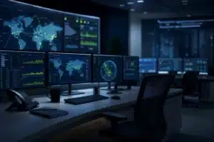 Empty operations center chair beside glowing alert dashboards, representing a ransomware containment decision with no clear owner