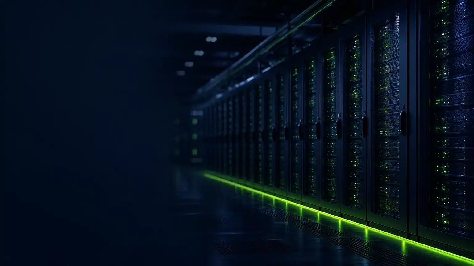 Enterprise private cloud data center with dedicated racks lit in navy and green