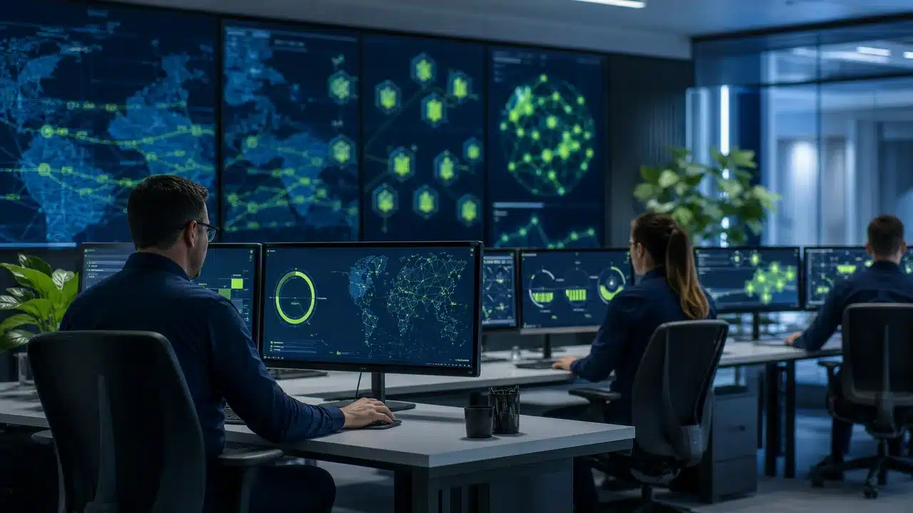 Managed recovery operations center with analysts monitoring backup and disaster recovery failover dashboards