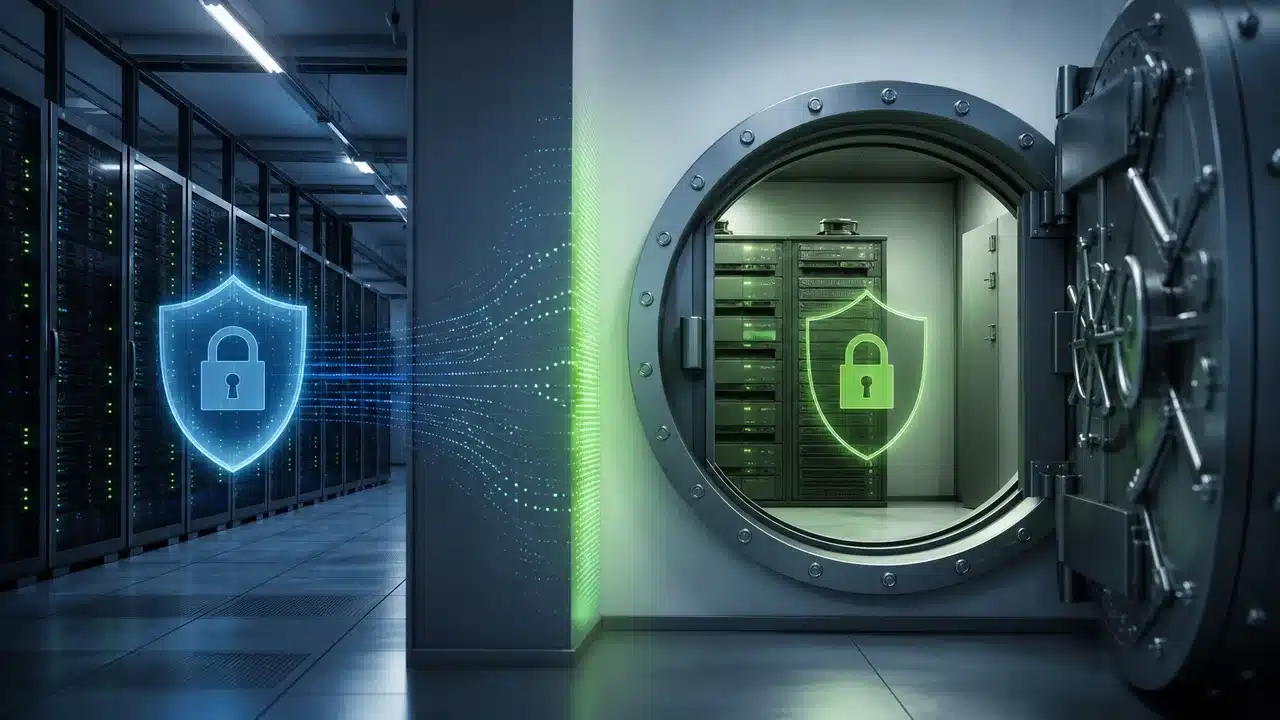 Backup repository sealed in an isolated vault separated from production by a network boundary