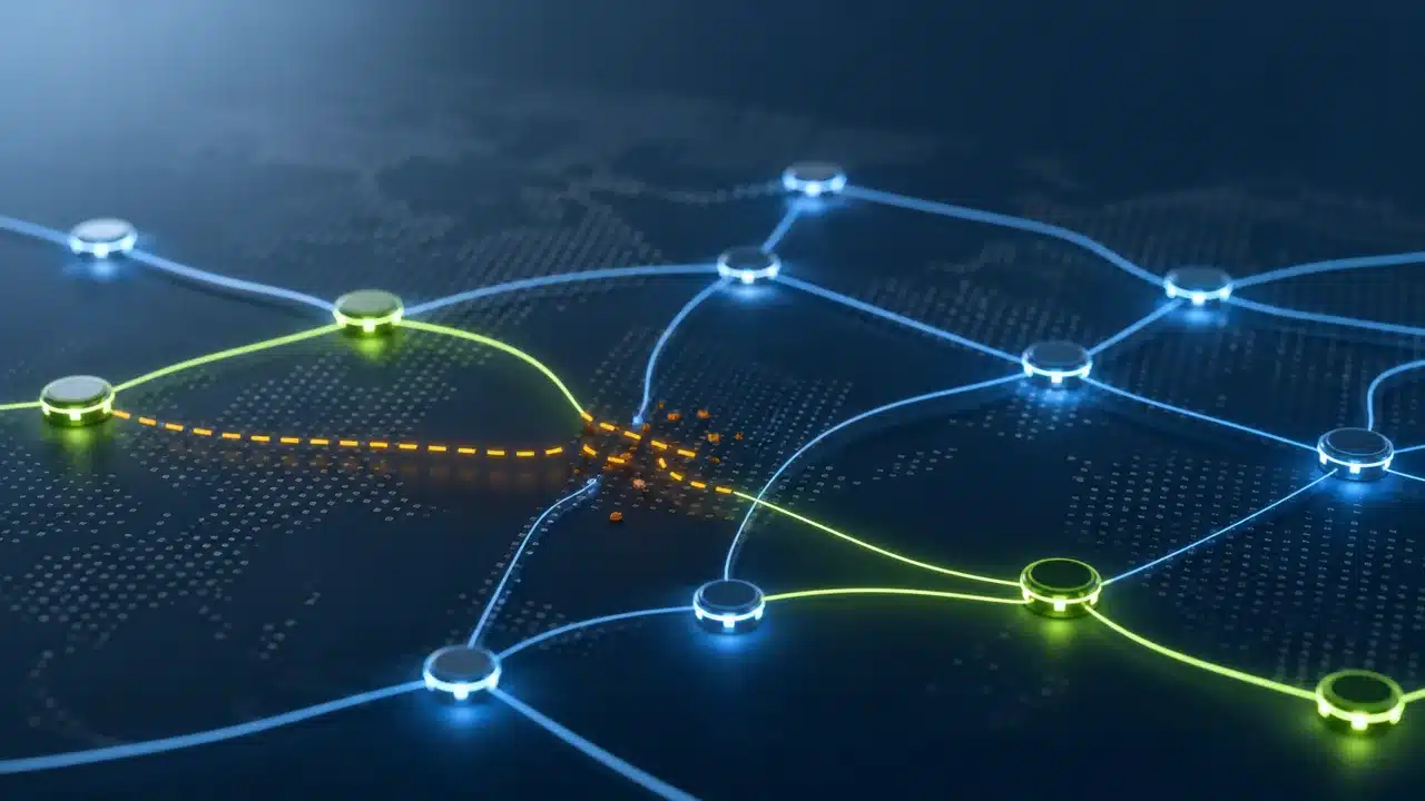 Abstract visualization of a supply chain re-routing around a broken path to alternate routes
